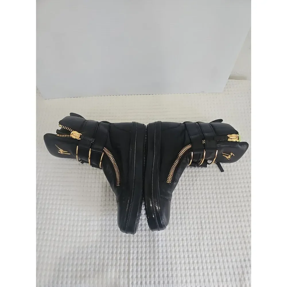 Giuseppe Zanotti Black Leather High Top Boot Sneakers Gold Zipper EU 43